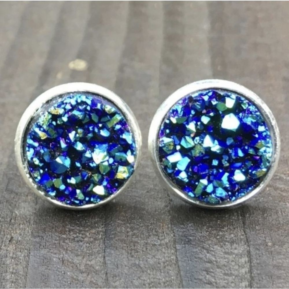 Elegant Blue Druzy Stainless Stud Earrings - Picture 1 of 2